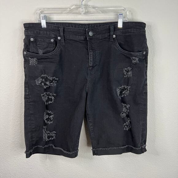 Aeropostale Black Distressed Denim Shorts Men's 36x10 Mid Rise Cuffed Stretch - Picture 1 of 4